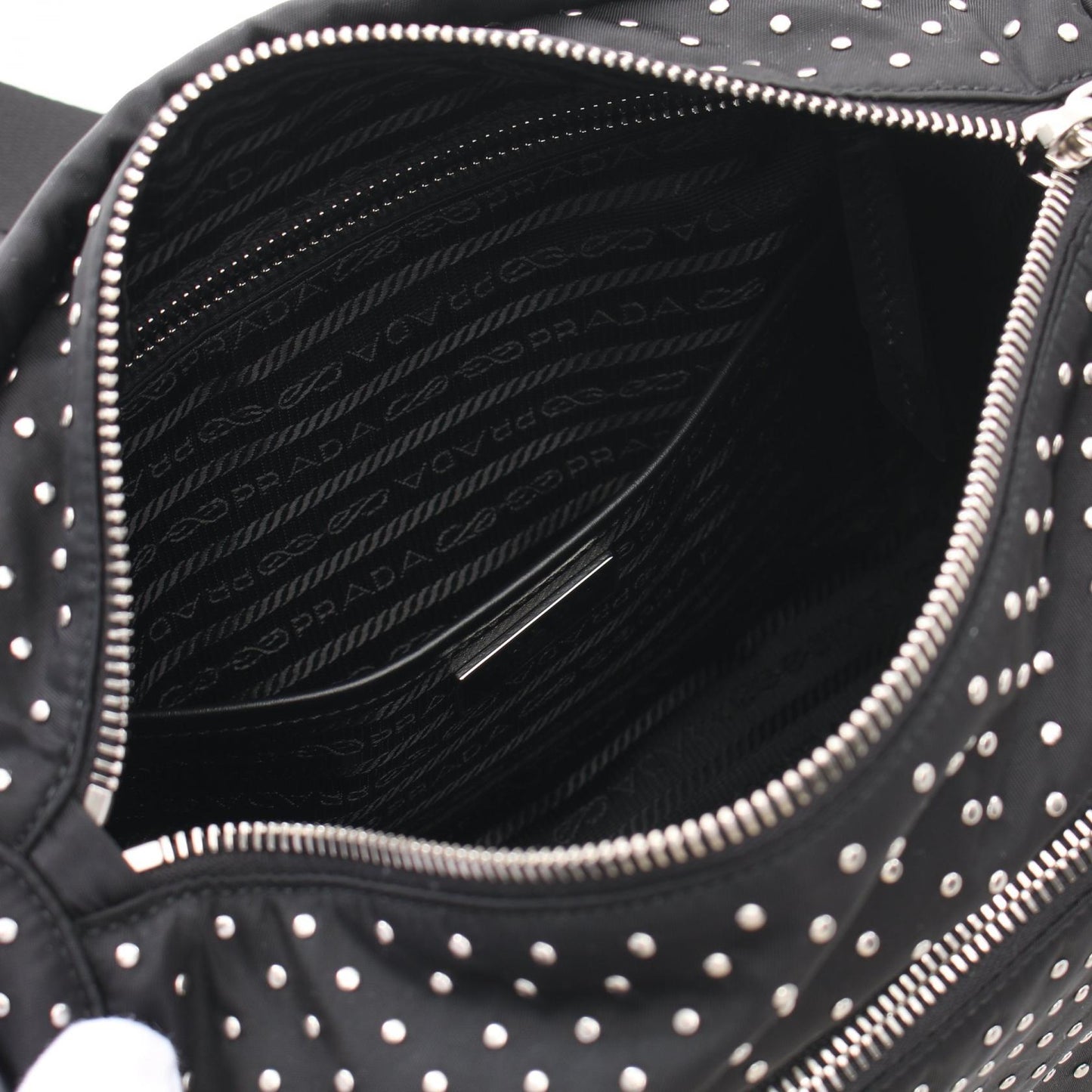 Prada Studs Nylon Leather Shoulder Bag