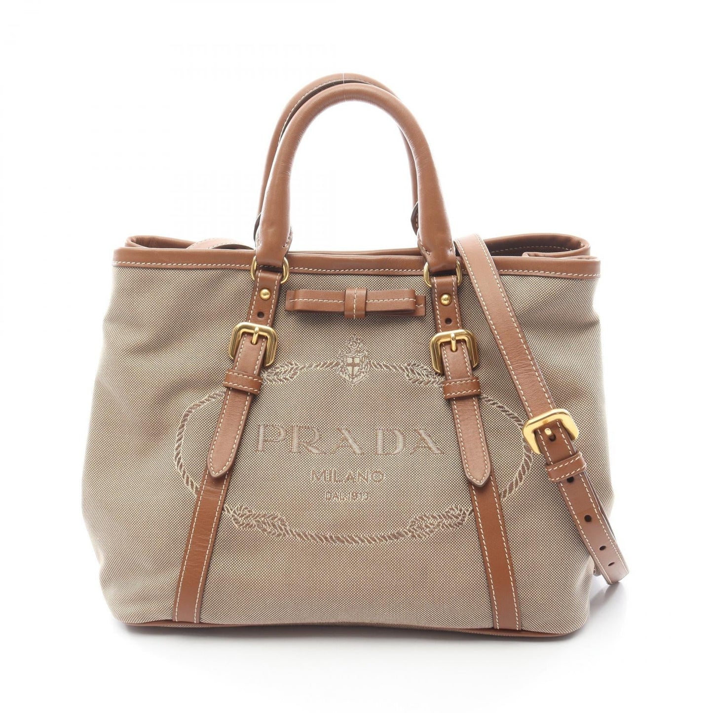 Prada LOGO JACQUARD Canvas Leather Tote Bag