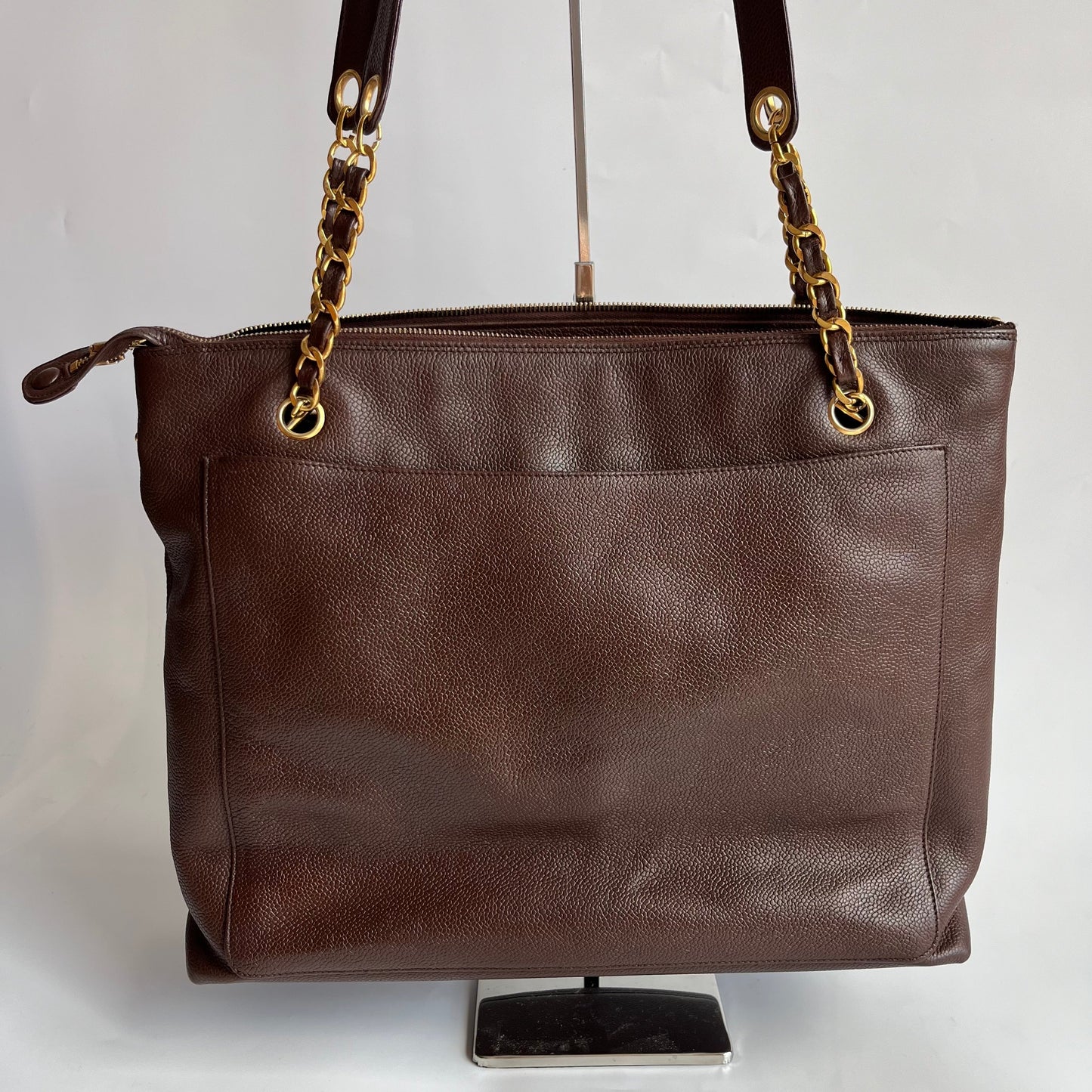 Chanel Vintage Front Pocket Tote Chocolate Brown Caviar Leather Double Gold Leather Chain