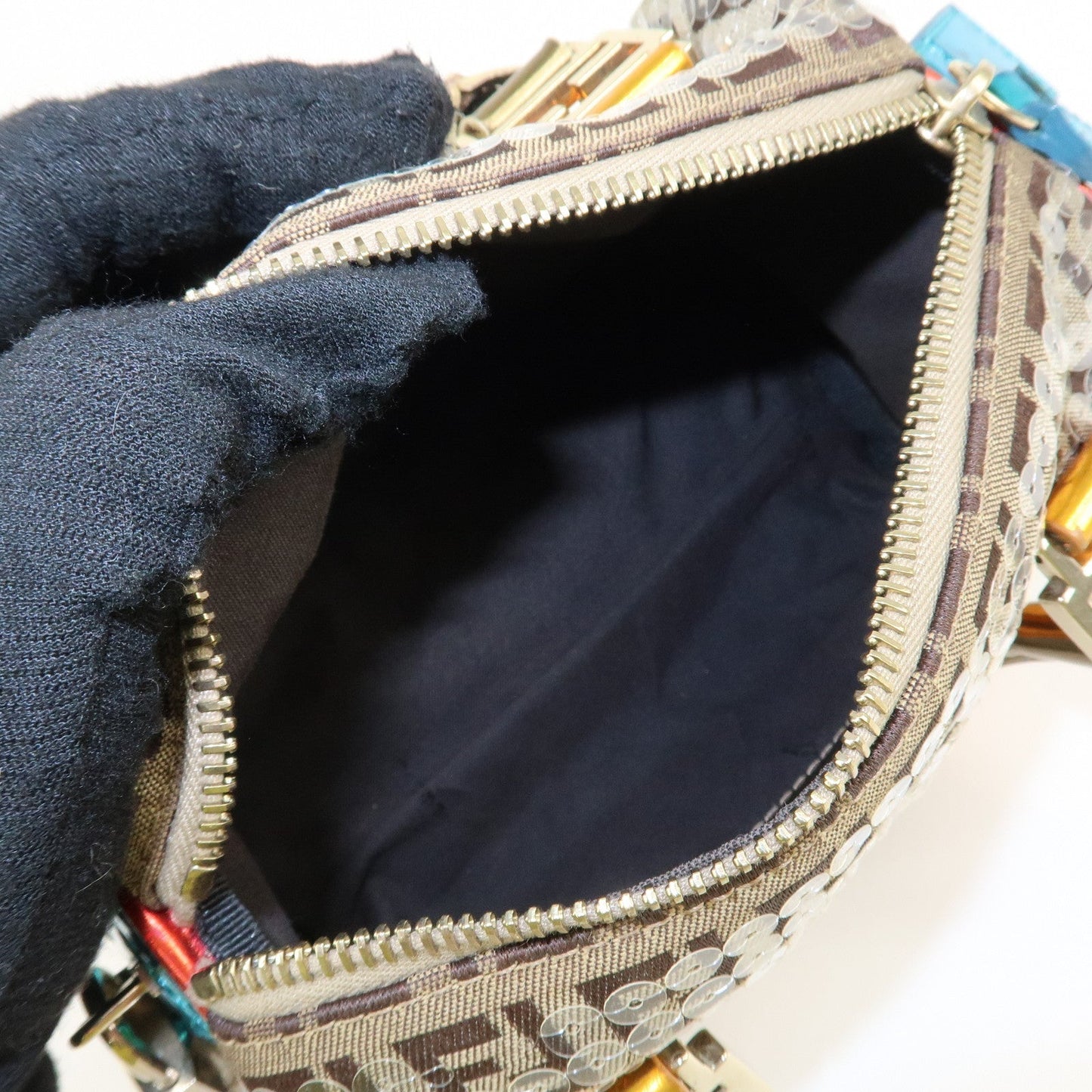 FENDI Zucchino Flip Sequin Canvas Patent Leather Boston Bag 8BL071