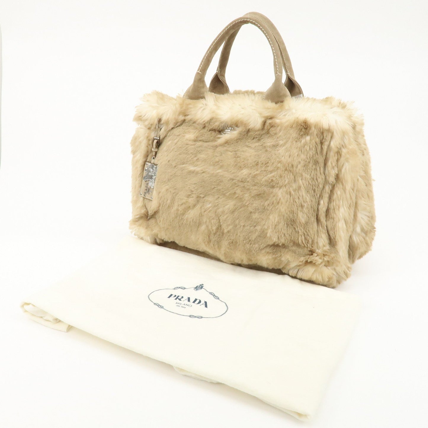 PRADA Eco Lapin Fur Suede Canapa Large Tote Bag Beige BN1918