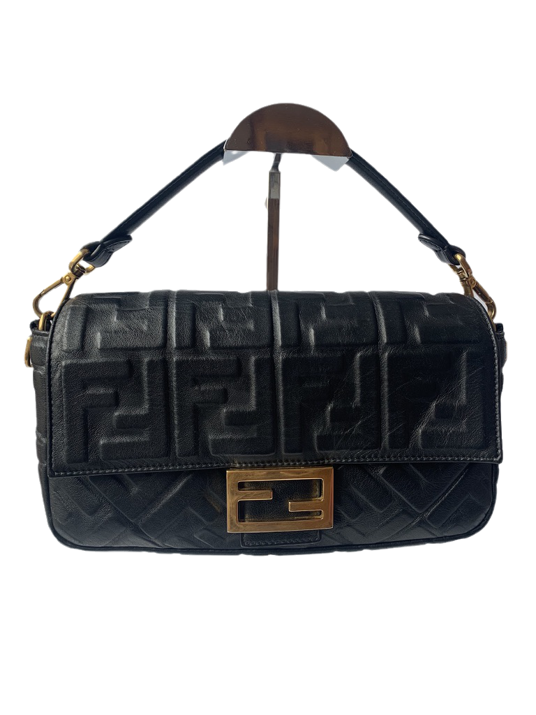 Fendi Baguette Black Leather 3D FF Motif Crossbody bag Medium
