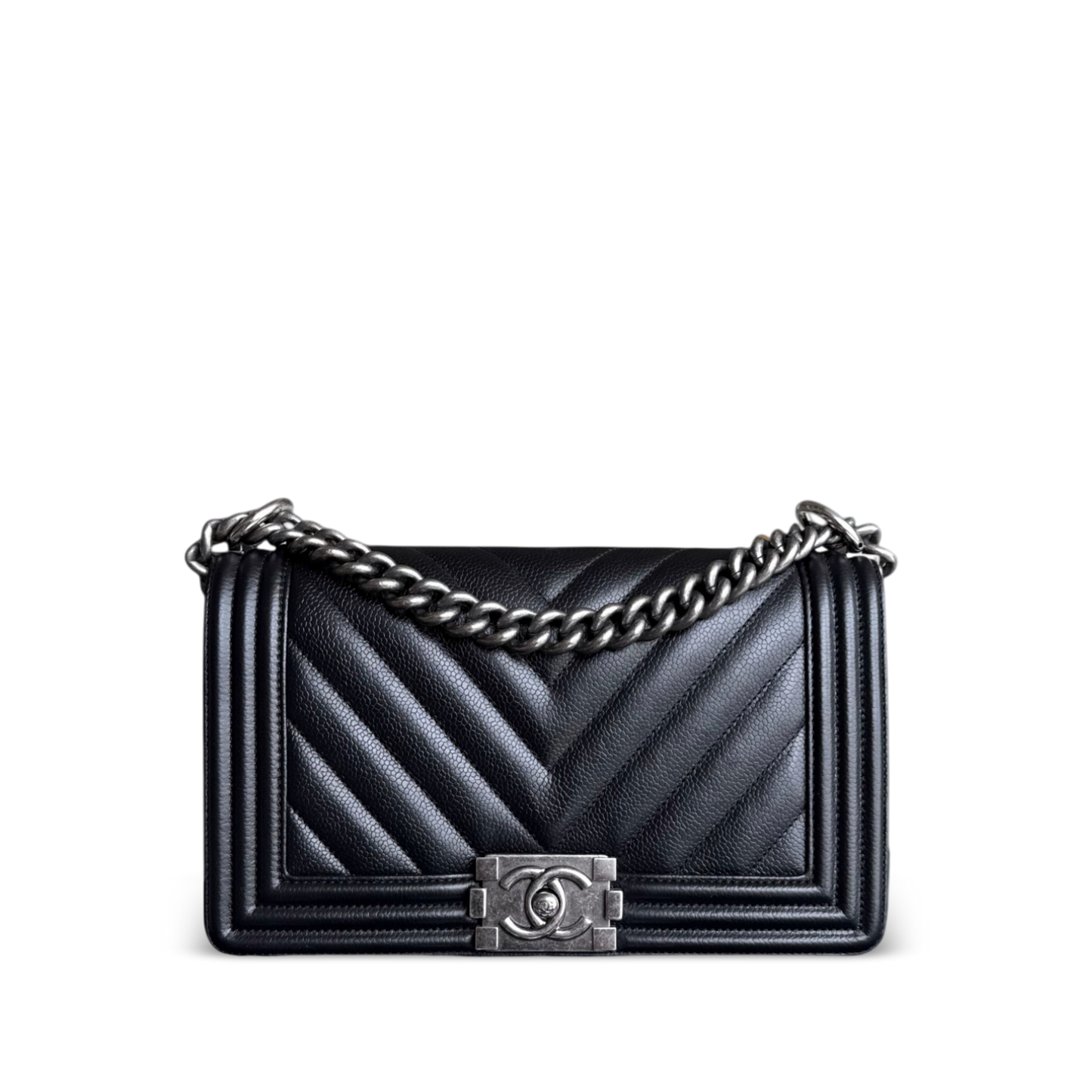 Chanel Boy Medium - 25CM Chevron Caviar Black Ruthenium Silver Hardware Series 29