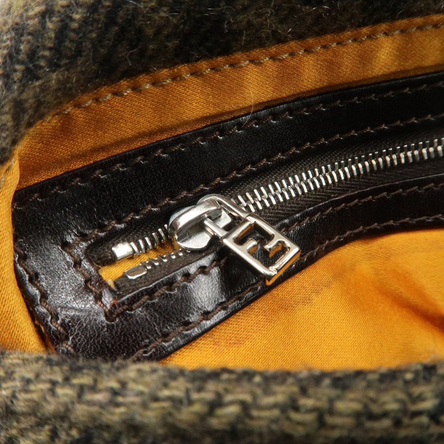 FENDI Mamma Baguette Wool Leather Shoulder Bag Tree Motif Khaki