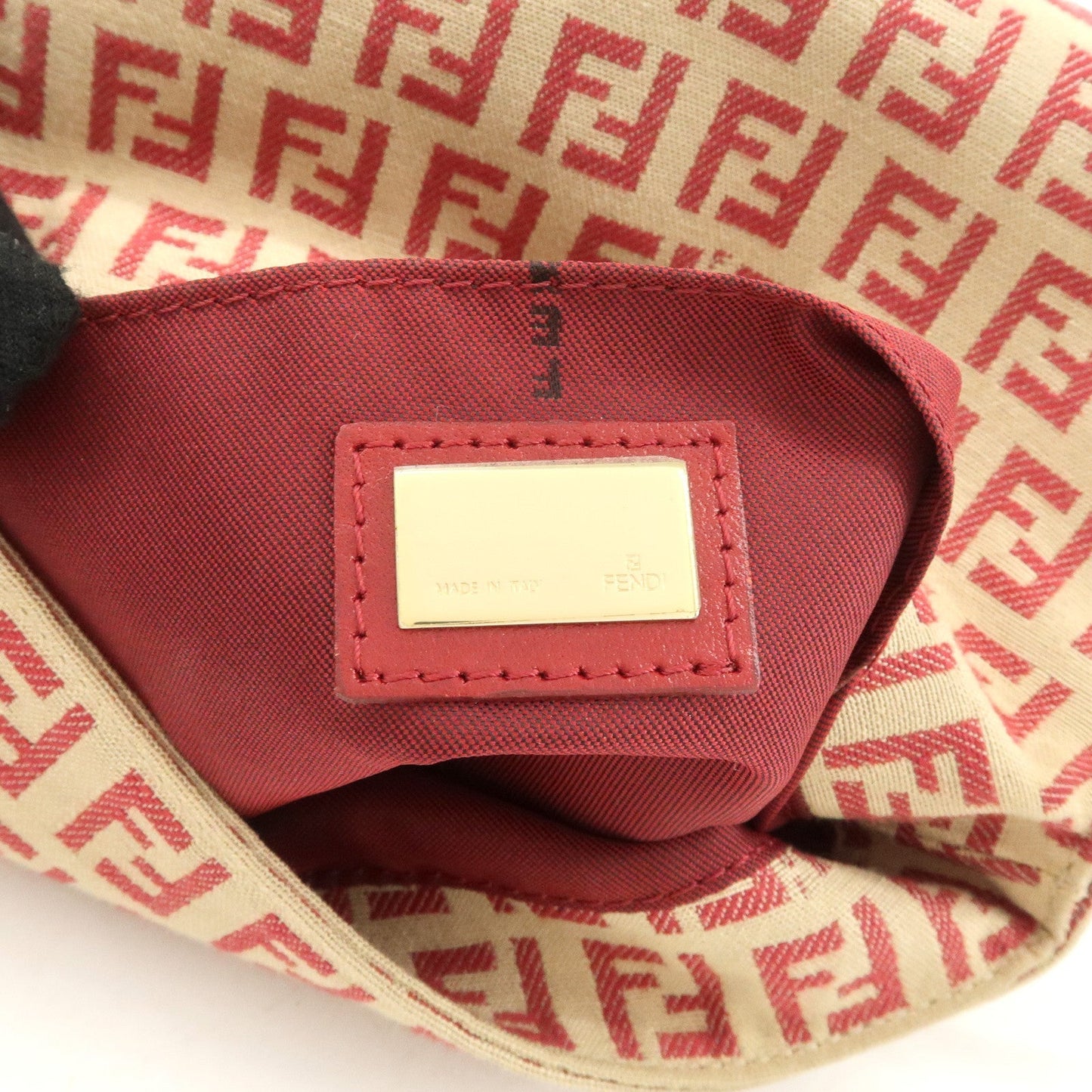 FENDI Zucchino Canvas Leather Shoulder Bag Beige Red 8BT075