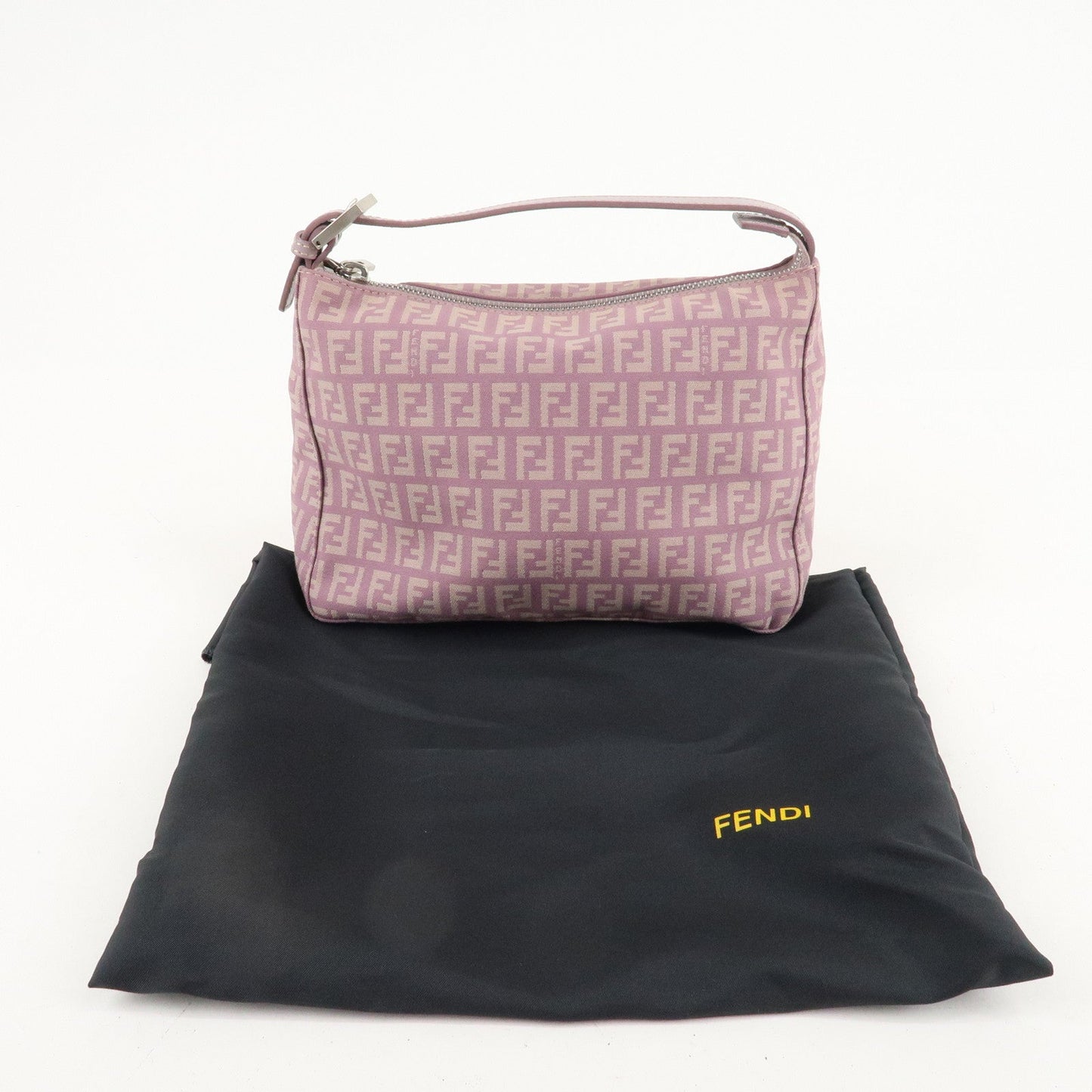 Auth FENDI  Zucchino Canvas Leather Hand Bag Pouch Purple Beige 8N0005  F/S