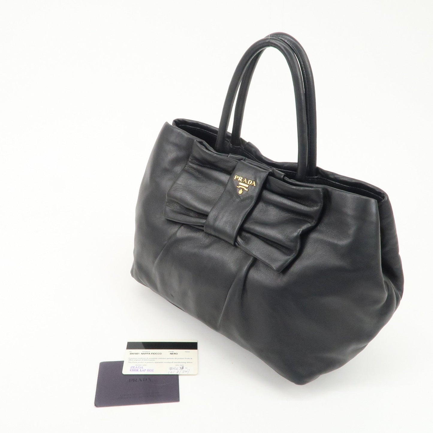 PRADA Leather Ribbon Tote Bag Hand Bag NERO Black BN1601
