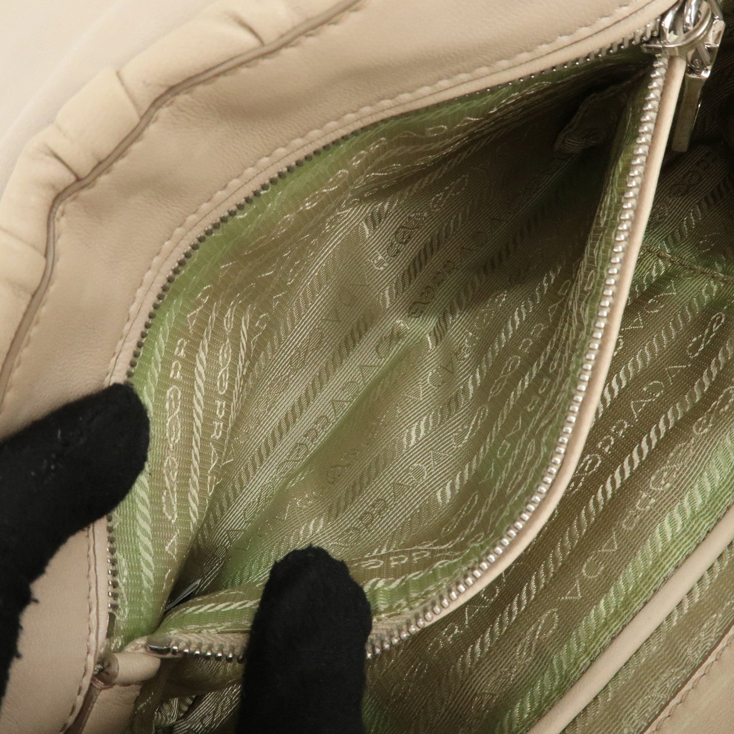 PRADA Leather Gathered Chain Shoulder Bag Ivory B4695C
