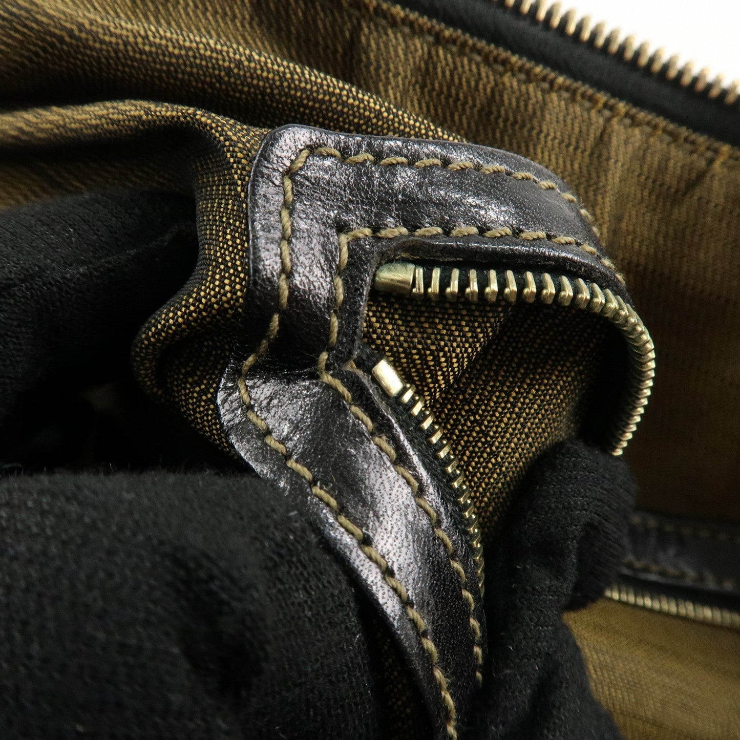 FENDI Zucca Canvas Leather Boston Bag Hand Bag Brown Black