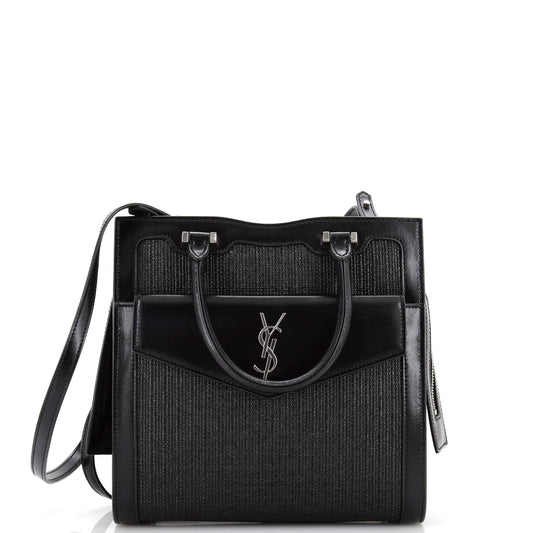 Luxury Saint Laurent Trending 2025 Uptown Tote Raffia with Leather Small