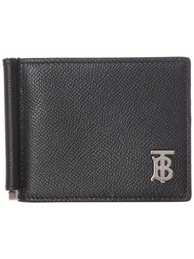 Luxury Burberry Men's TB Money Clip Grainy Leather Half Wallet Black