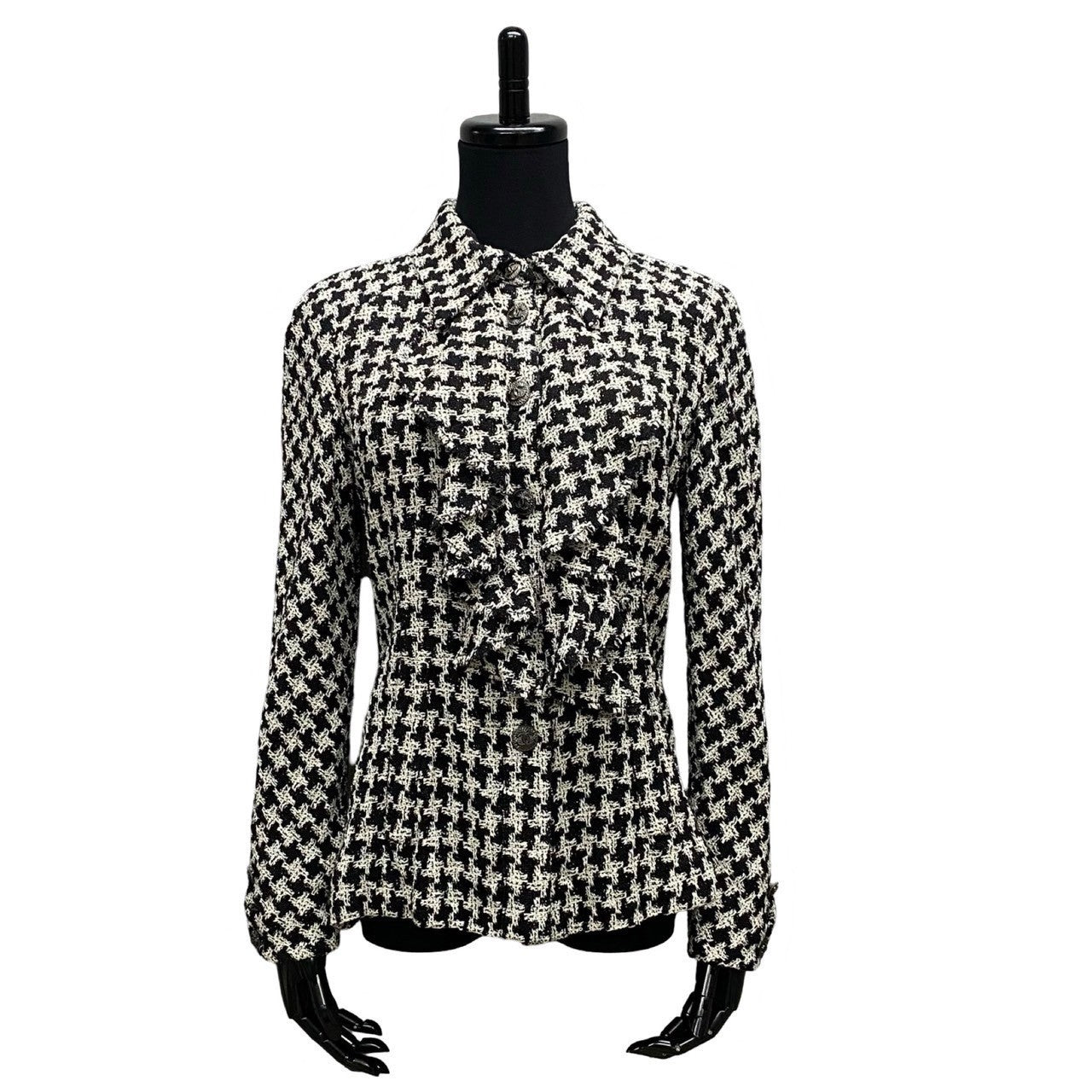 CHANEL tailored jacket Silk, Metal white COCO Mark Houndstooth Pattern Women 36