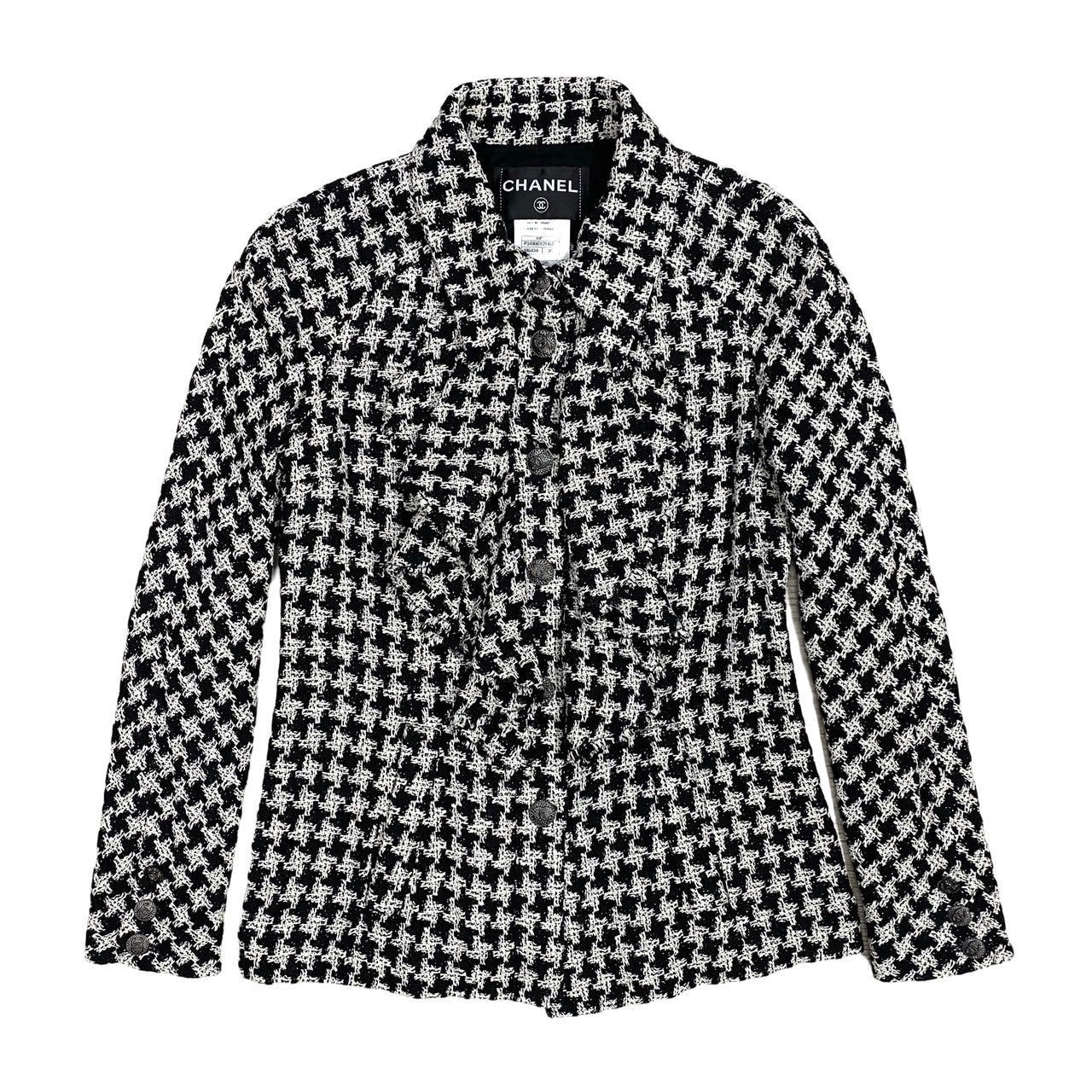 CHANEL tailored jacket Silk, Metal white COCO Mark Houndstooth Pattern Women 36