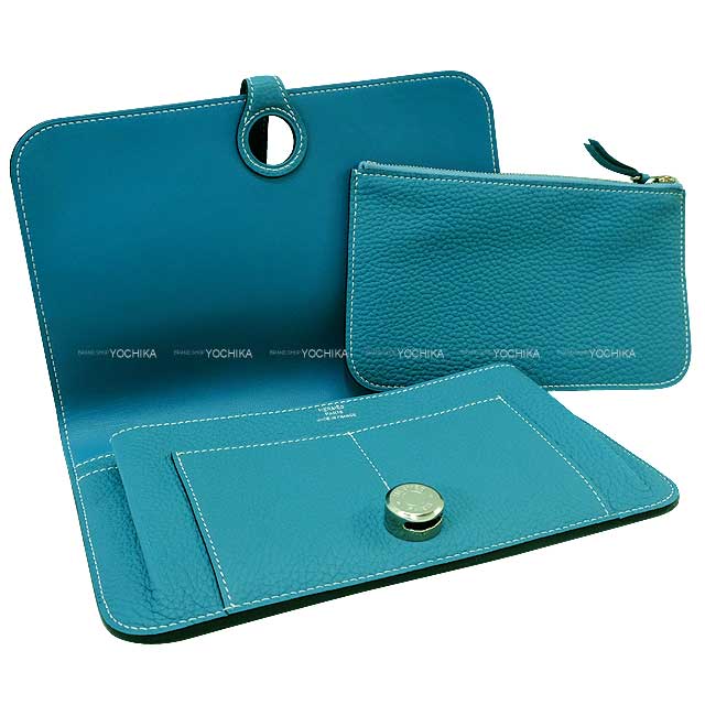 HERMES long wallet Dogon GM Bleu Jean Veau Togo Silver HW Stamp ?O