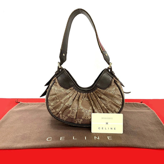 CELINE Handbag Leather, Canvas Brown Triomphe logo Pattern Women