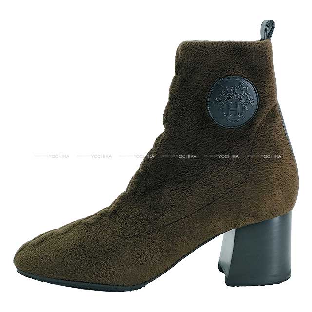 HERMES boots Short Boots Volver 60 Chestnut/Black Chenille knit/Calfskin ?36
