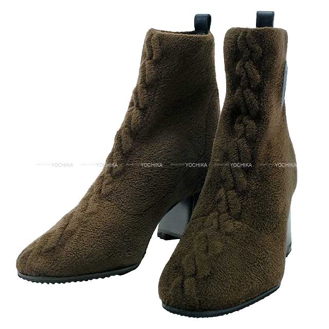 HERMES boots Short Boots Volver 60 Chestnut/Black Chenille knit/Calfskin ?36