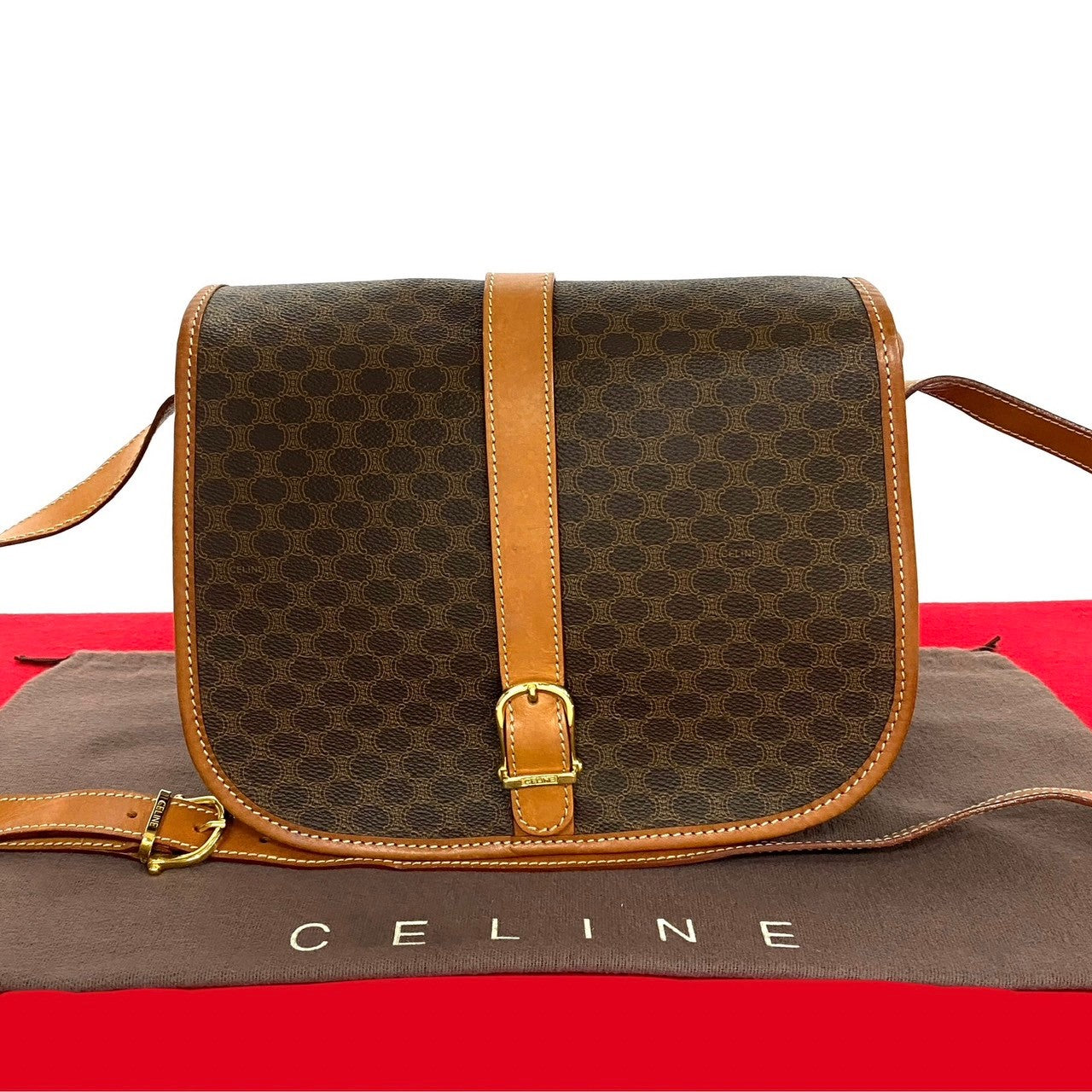 CELINE Shoulder Bag Leather, PVC Brown Macadam Blason Pattern Women(Unisex)