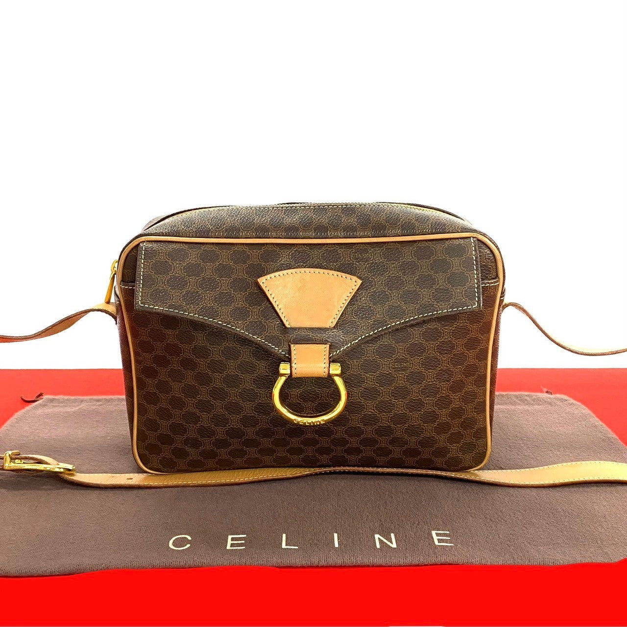 CELINE Shoulder Bag Leather, PVC Brown Macadam Blason Triomphe logo Pattern Women