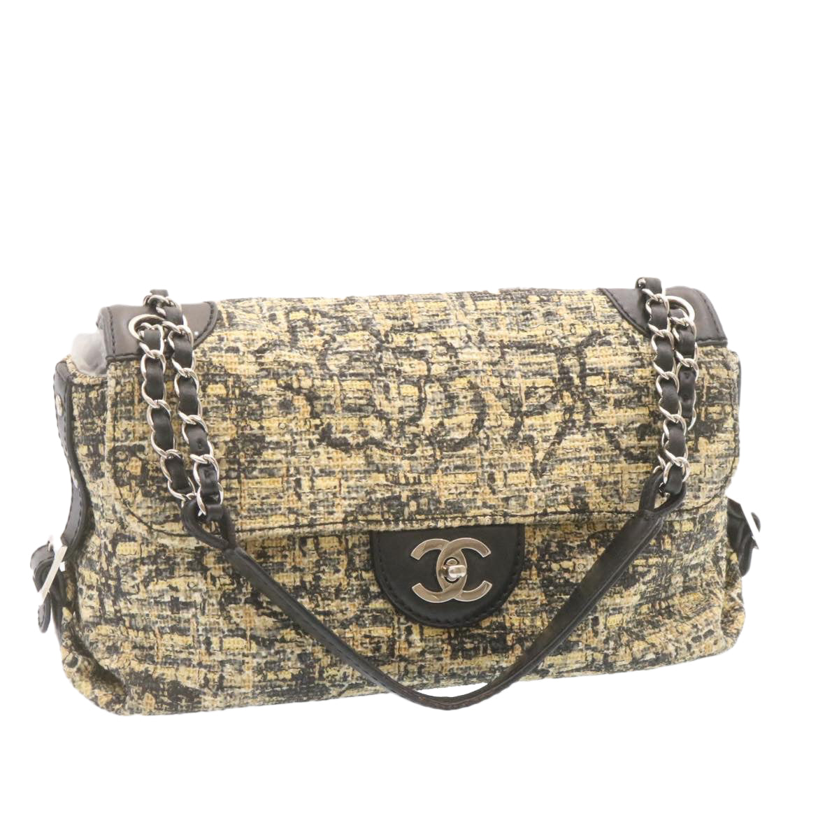 CHANEL Camellia Icon Turn lock Chain Flap ShoulderBag Beige Black CC  24396A