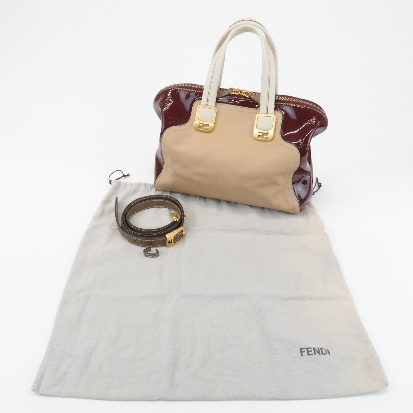 FENDI Chameleon Leather 2WAY Bag Hand Bag Beige Bordeaux 8BL114