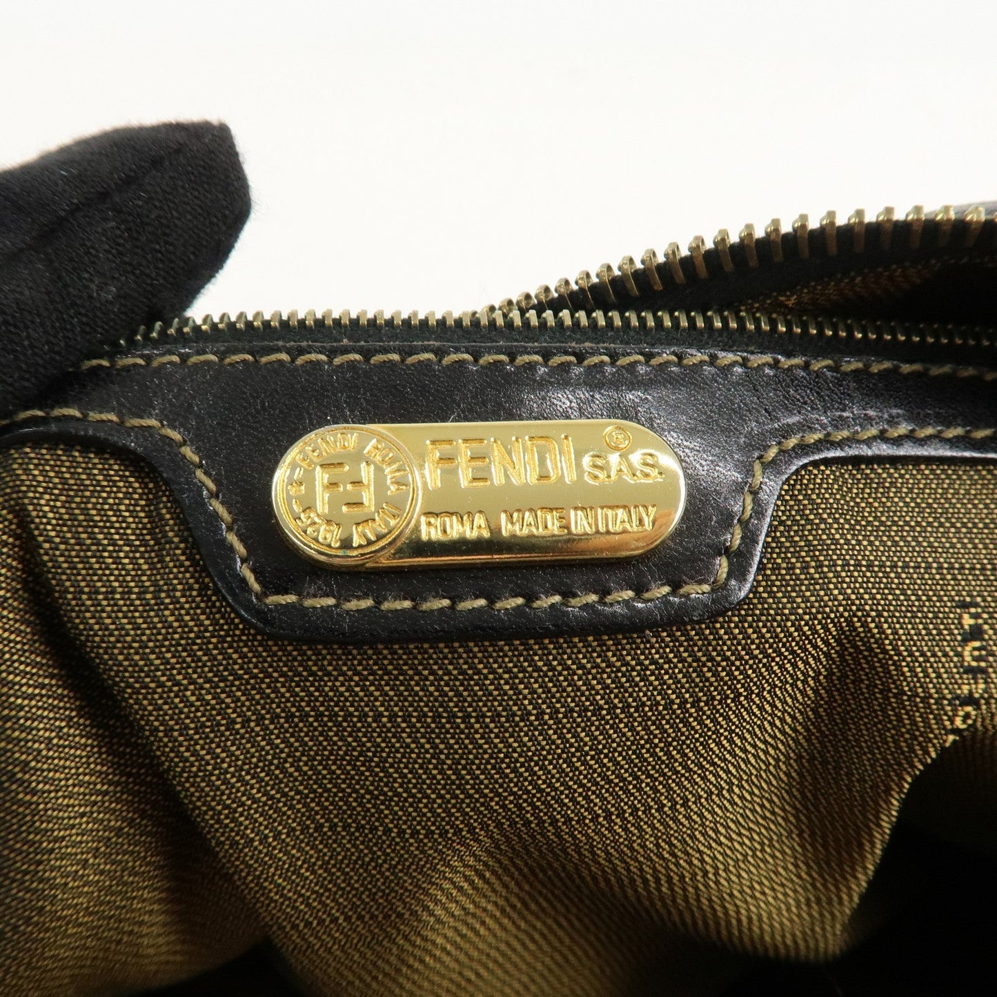 FENDI Zucca Canvas Leather Boston Bag Hand Bag Brown Black