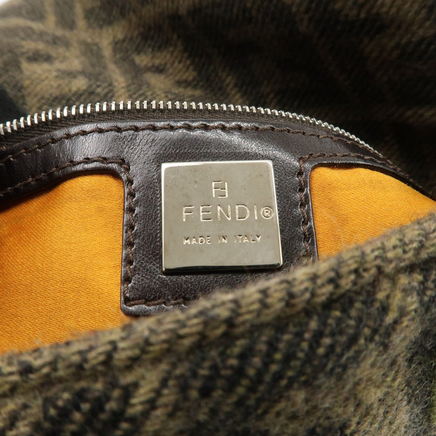 FENDI Mamma Baguette Wool Leather Shoulder Bag Tree Motif Khaki