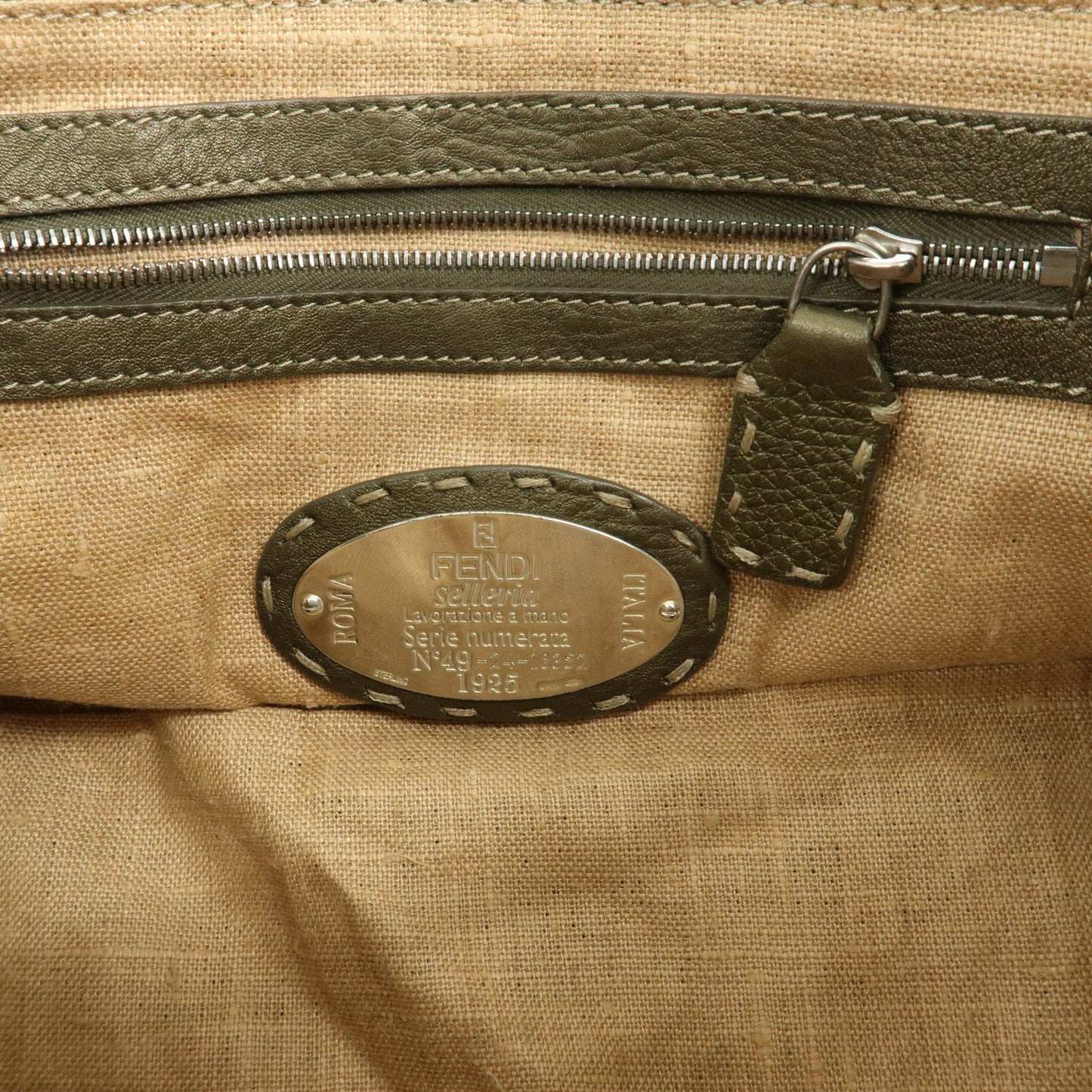 FENDI Selleria Leather Tote Bag Shoulder Bag Khaki 8BN155