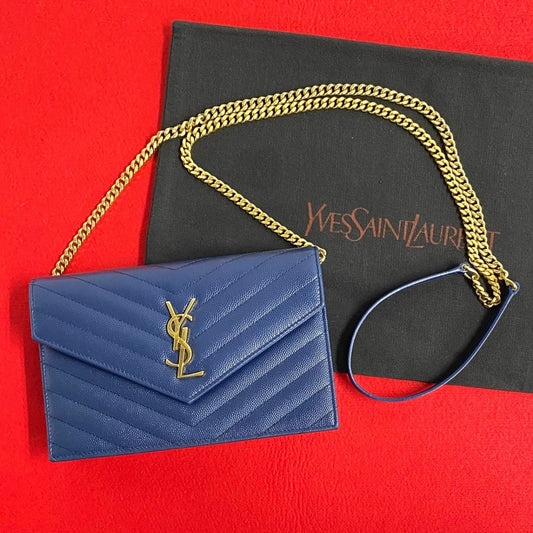 SAINT LAURENT Shoulder Bag leather Navy YSL logo Metal Envelope wallet bag Women