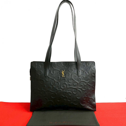 YVES SAINT LAURENT Tote Bag leather black YSL logo arabesque pattern Women(Unisex)