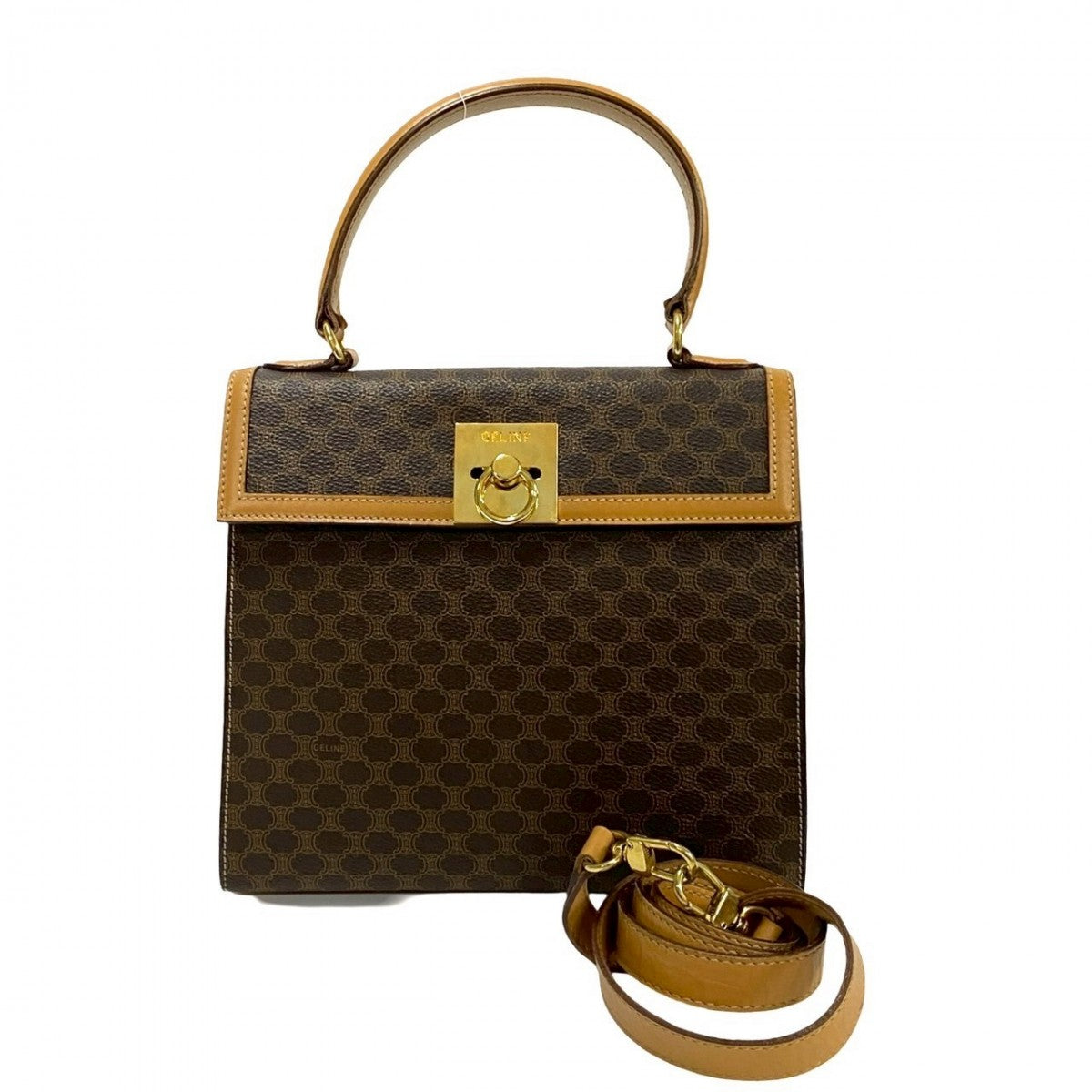 CELINE Shoulder Bag Leather, PVC Brown Macadam Blason Triomphe Pattern logo ring Metal Women