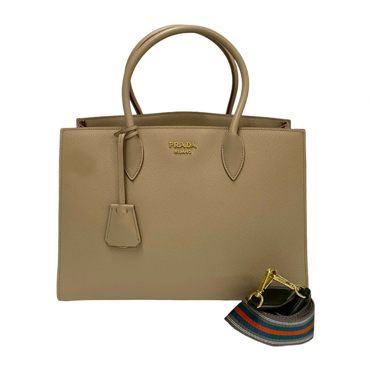 PRADA Shoulder Bag leather beige logo Metal Bibliotheque Women