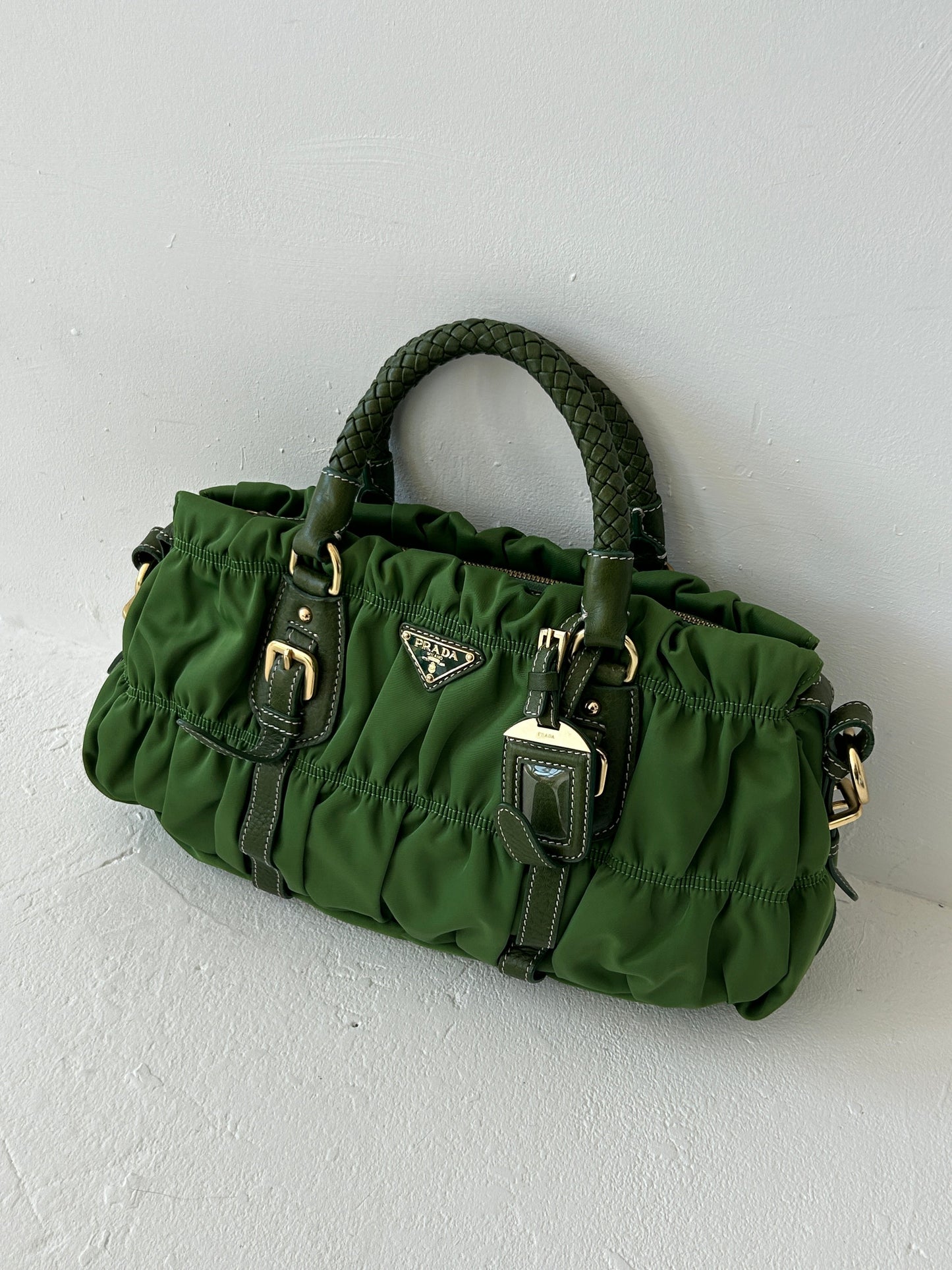 Prada Green Tessuto Gaufre Satchel Bag (with extension strap)