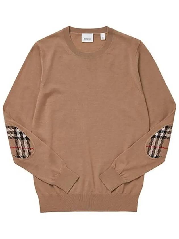 Luxury Burberry Check Patch Crew Neck Wool Knit Top Beige