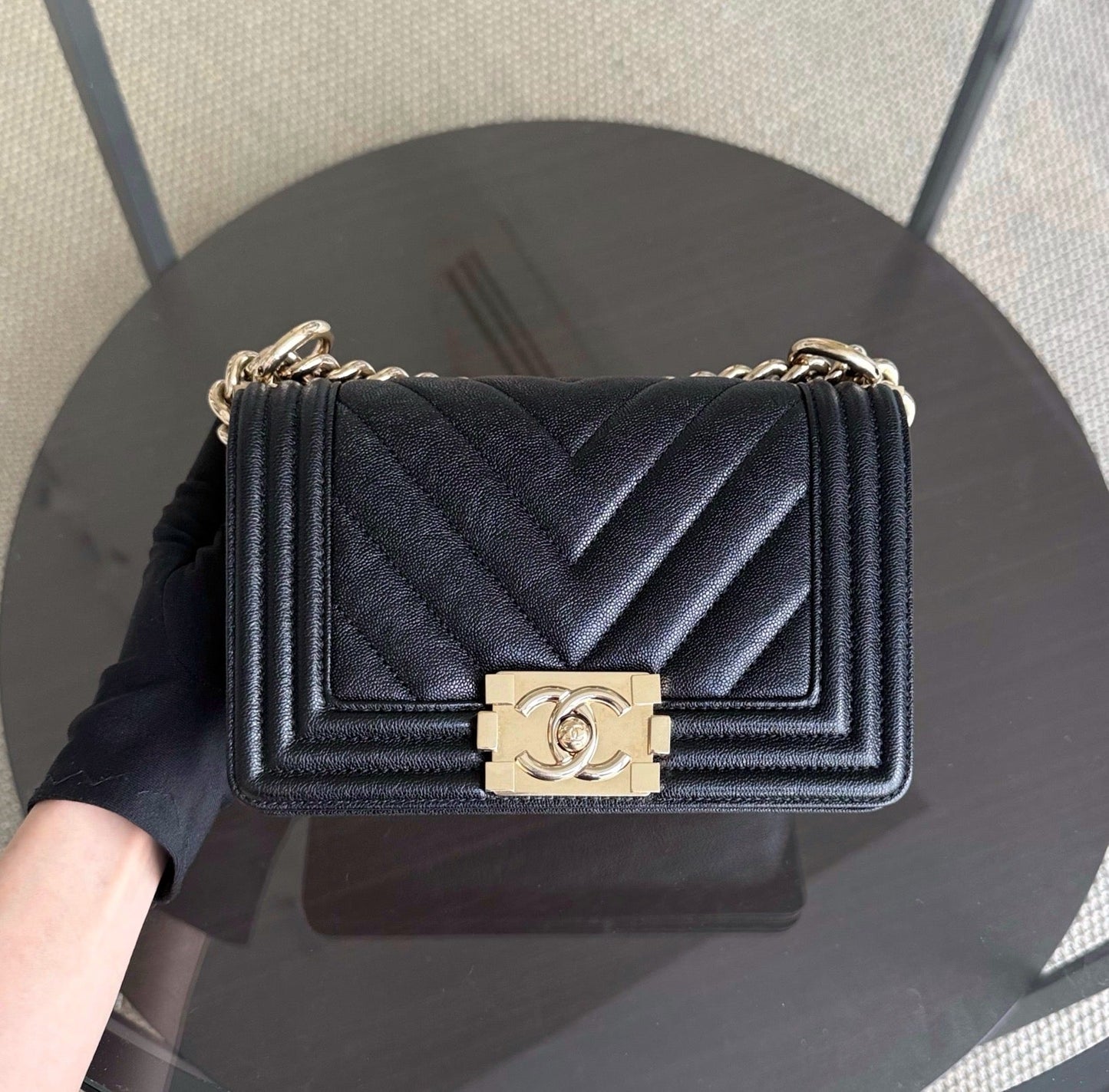 Chanel Boy Small - Caviar 20CM Chevron Black Gold Hardware Series 27