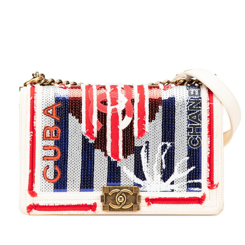 Chanel Boy Chanel Coco Mark CUBA Lambskin Sequin Canvas Shoulder Bag