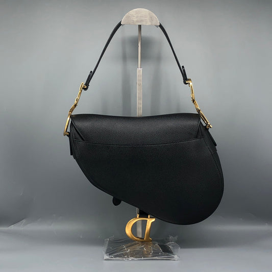 Christian Dior Saddle Medium Grained Calfskin Shoulder Bag Black + Extra Strap