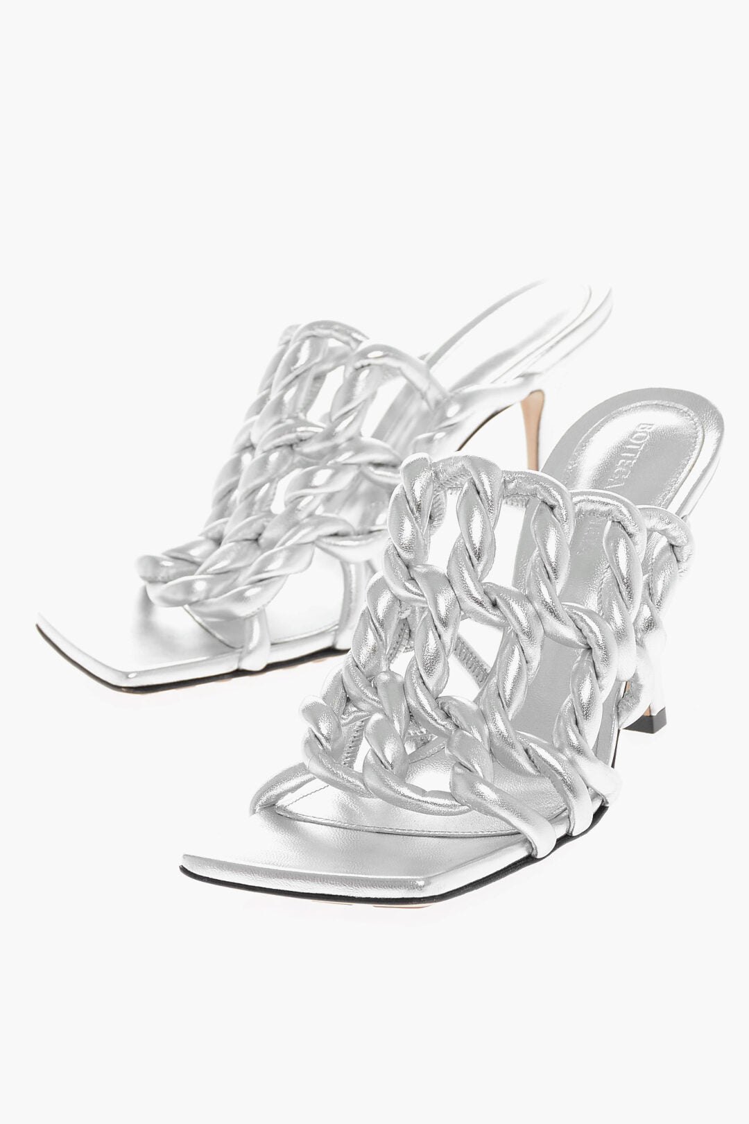 Luxury Bottega Veneta Lamé Woven Leather Sandals With Spool Heel 10Cm