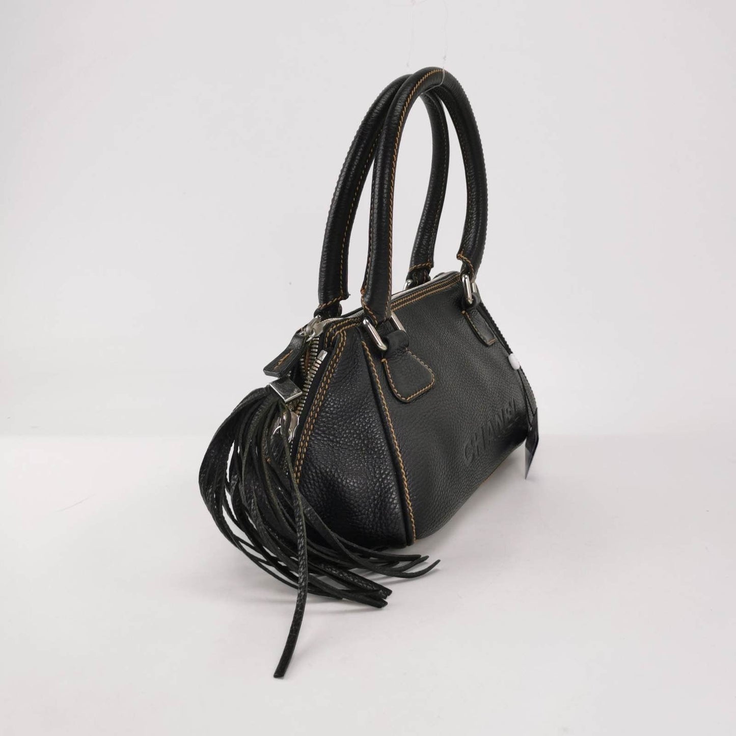 CHANEL Calfskin Leather Tassel Medium Black Bowler bag