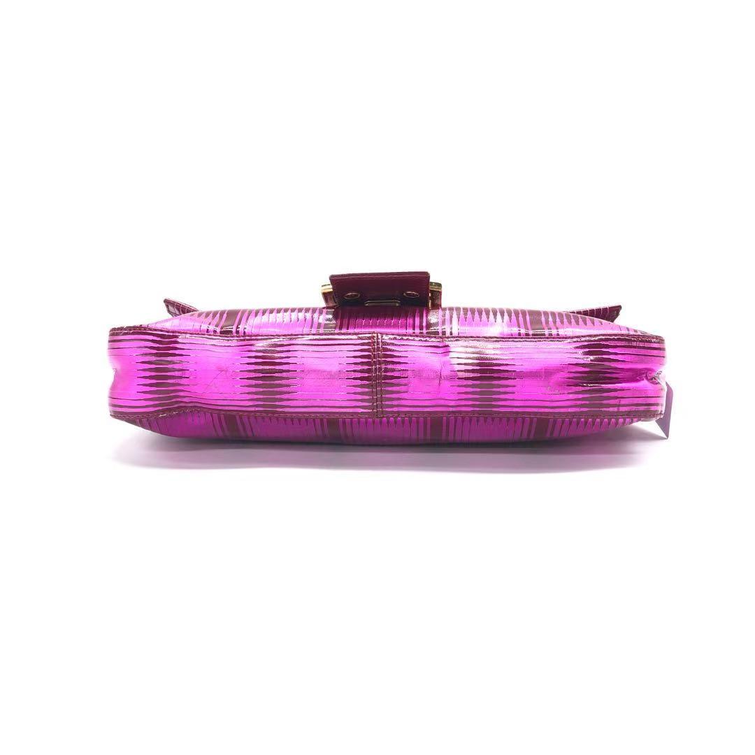 Fendi Baguette Pink Patent Leather Striped Gold Hardware Shoulder Bag