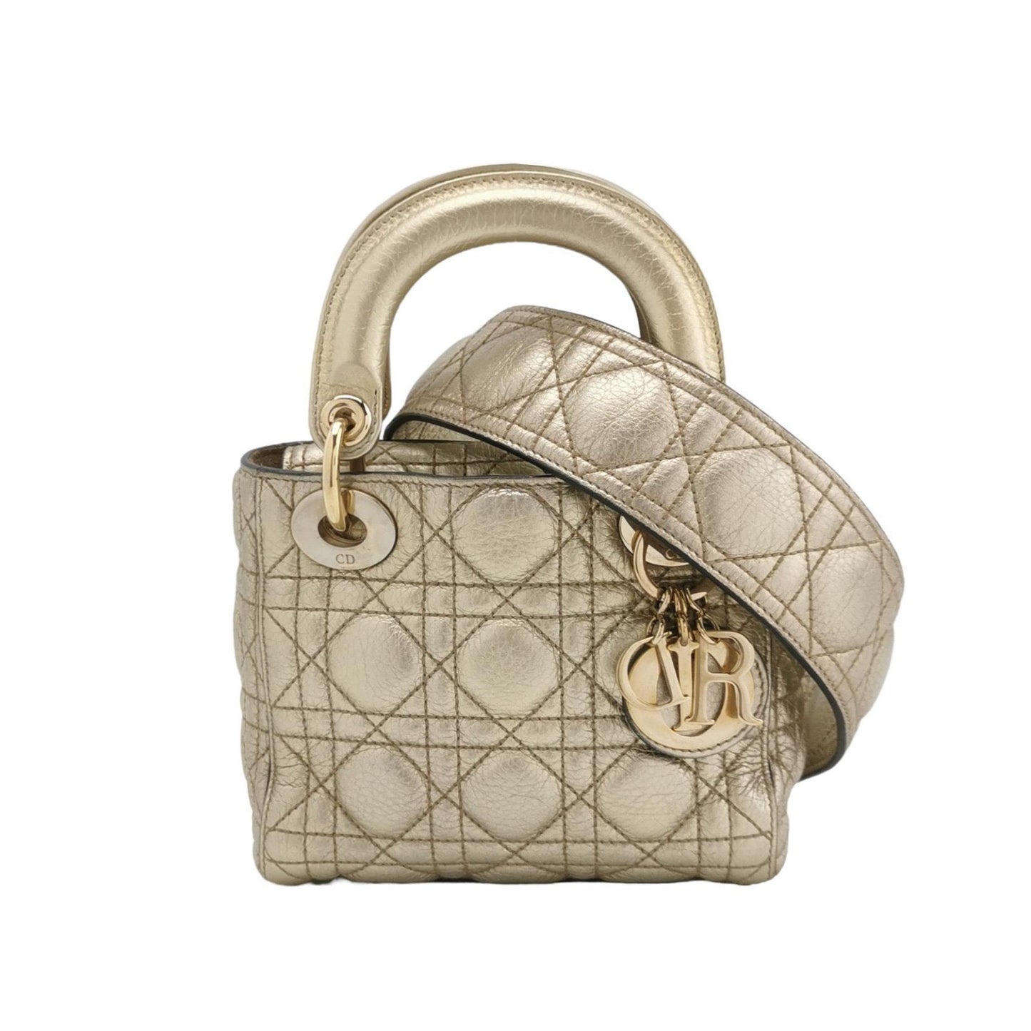 Lady Dior Mini Supple Calfskin Leather Gold Cannage Handbag with Strap