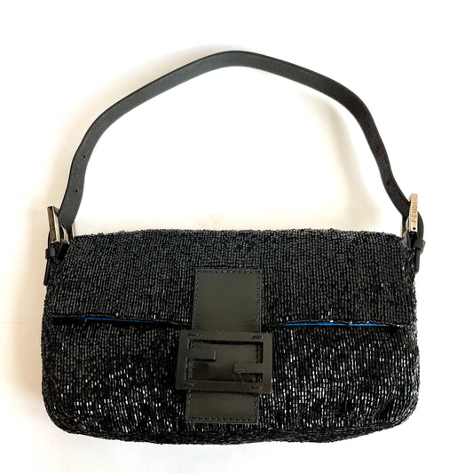 Fendi Baguette Vintage Black Glitter Beads Shoulder Bag Blue Silk Interior