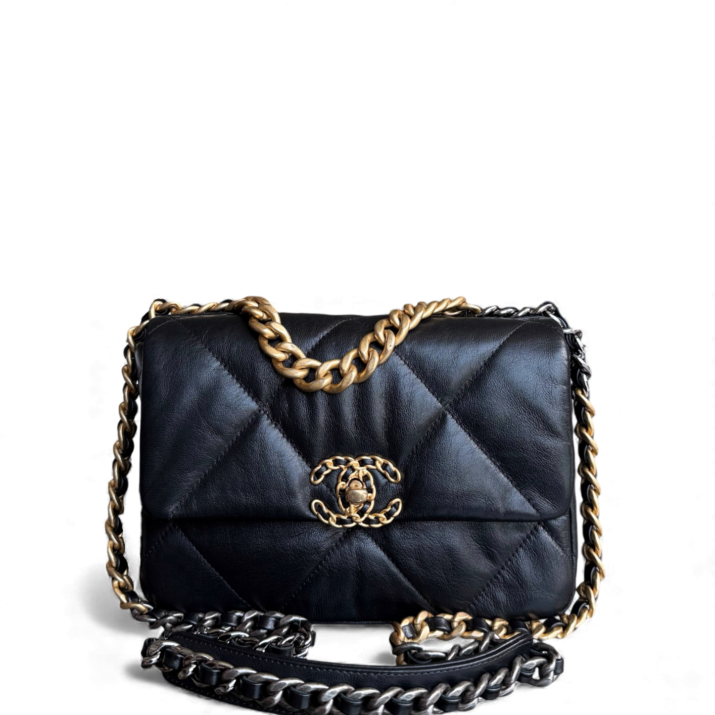 Chanel 19Bag C19 Small - Quilted Goatskin Black Gold Two-tone Hardware Series 30