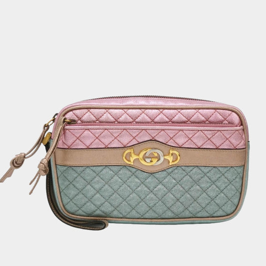 Gucci Pink Teal Mini Metallic Laminated Trapuntata Leather Horsebit Clutch