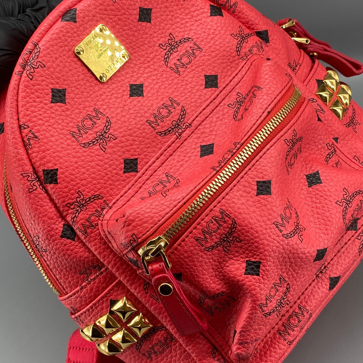 MCM Coral Red Visetos Mini Backpack