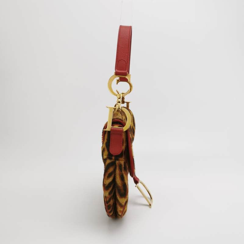 Dior Saddle Vintage Leopard Print Ponyhair and Red Leather John Galliano Rare