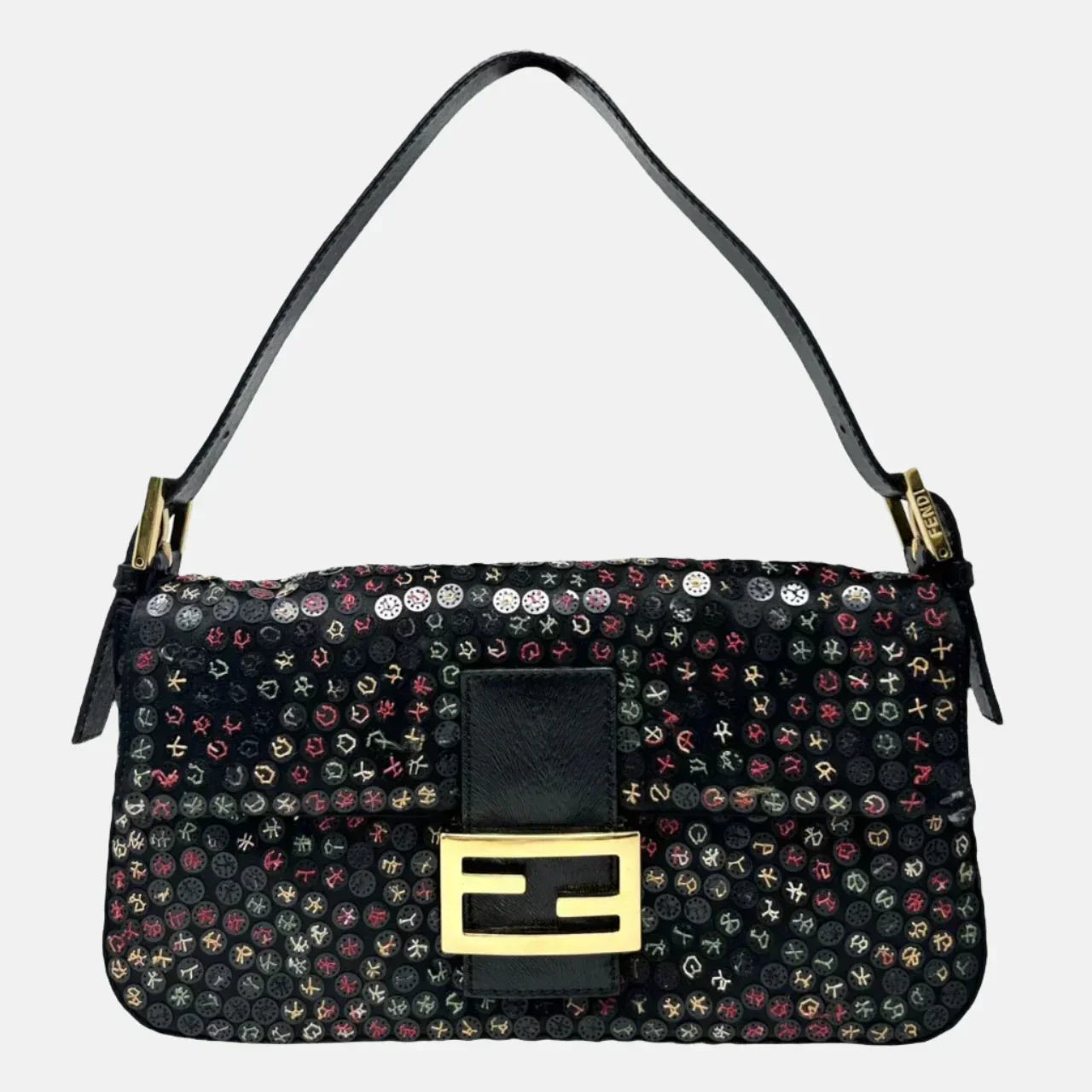 Fendi Baguette Multicolor Button Embroidered Leather Shoulder bag