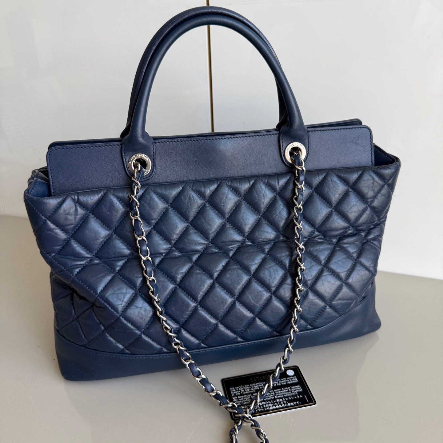 Chanel Tote Quilted Navy Leather Top Handle and Silver Chain Straps