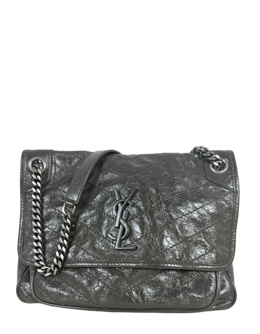 Saint Laurent Fog Grey Crinkled Calfskin Matelasse Monogram Medium Niki Chain Satchel
