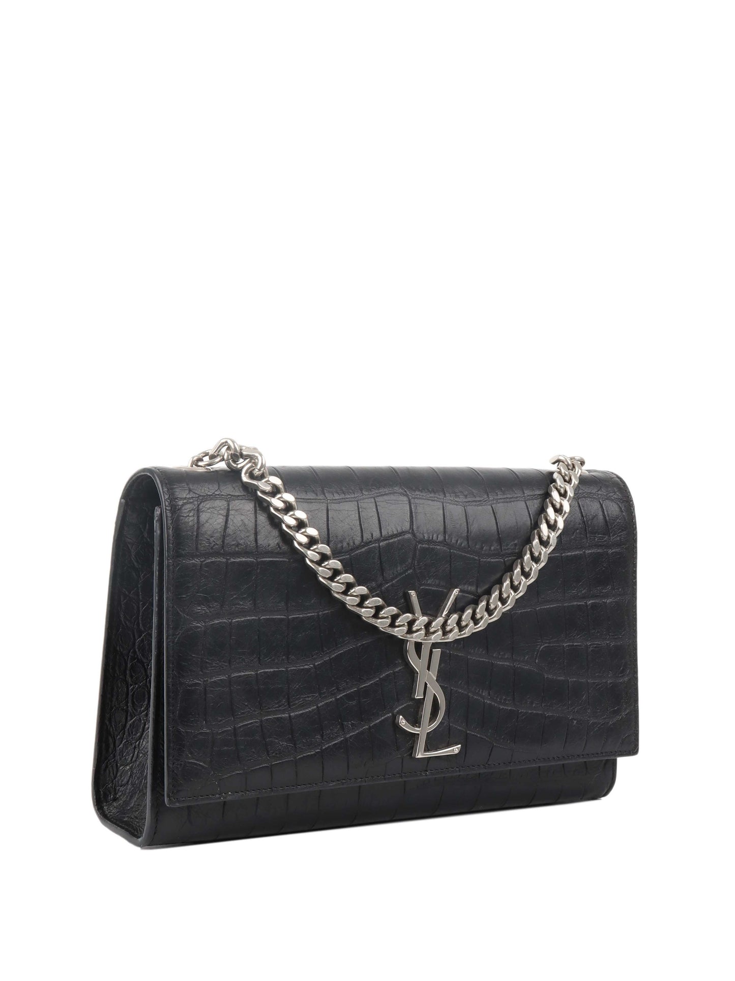 Saint Laurent Black Crocodile Embossed Chain Top Handle Kate Bag.